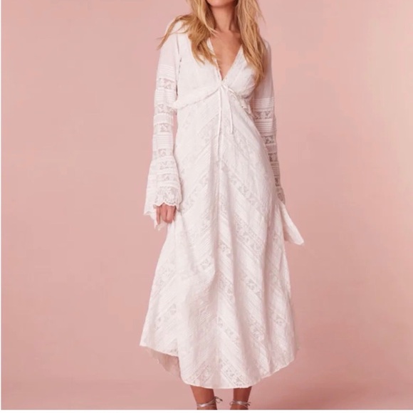 LoveShackFancy Dresses & Skirts - LoveShackFancy White Lace V-Neck Maxi Dress with Long Sleeves